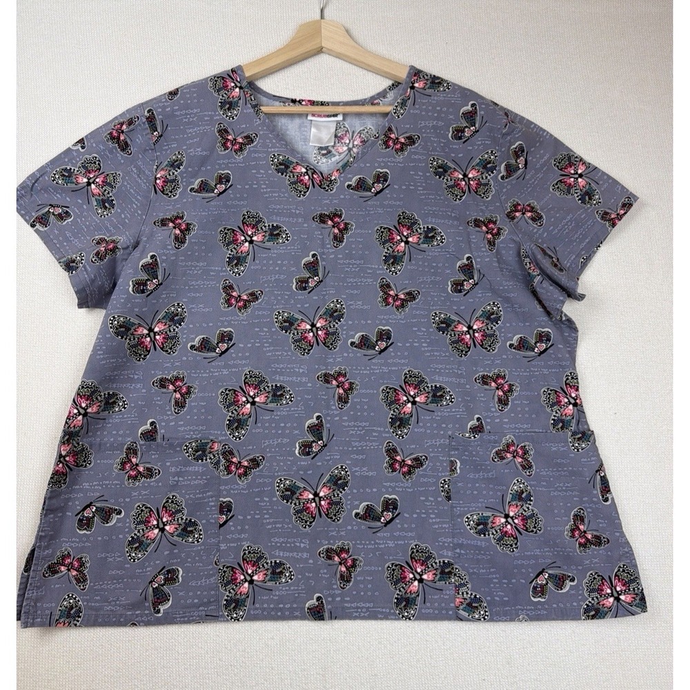 SCRUBSTAR Gray Butterfly Scrub Top Pockets Womens XL or 1X Cotton Medical Nurse